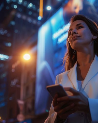 Businesswoman in white suit, holding phone, looking up at digital billboards in city at night, confident.