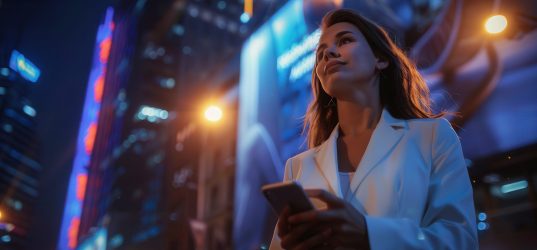 Businesswoman in white suit, holding phone, looking up at digital billboards in city at night, confident.